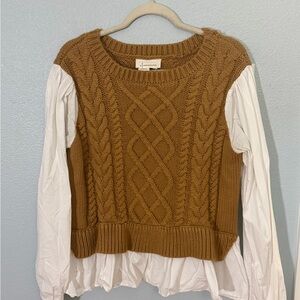 Anthropologie Camel Cable-Knit Pullover with White Shirt-Style Sleeves
